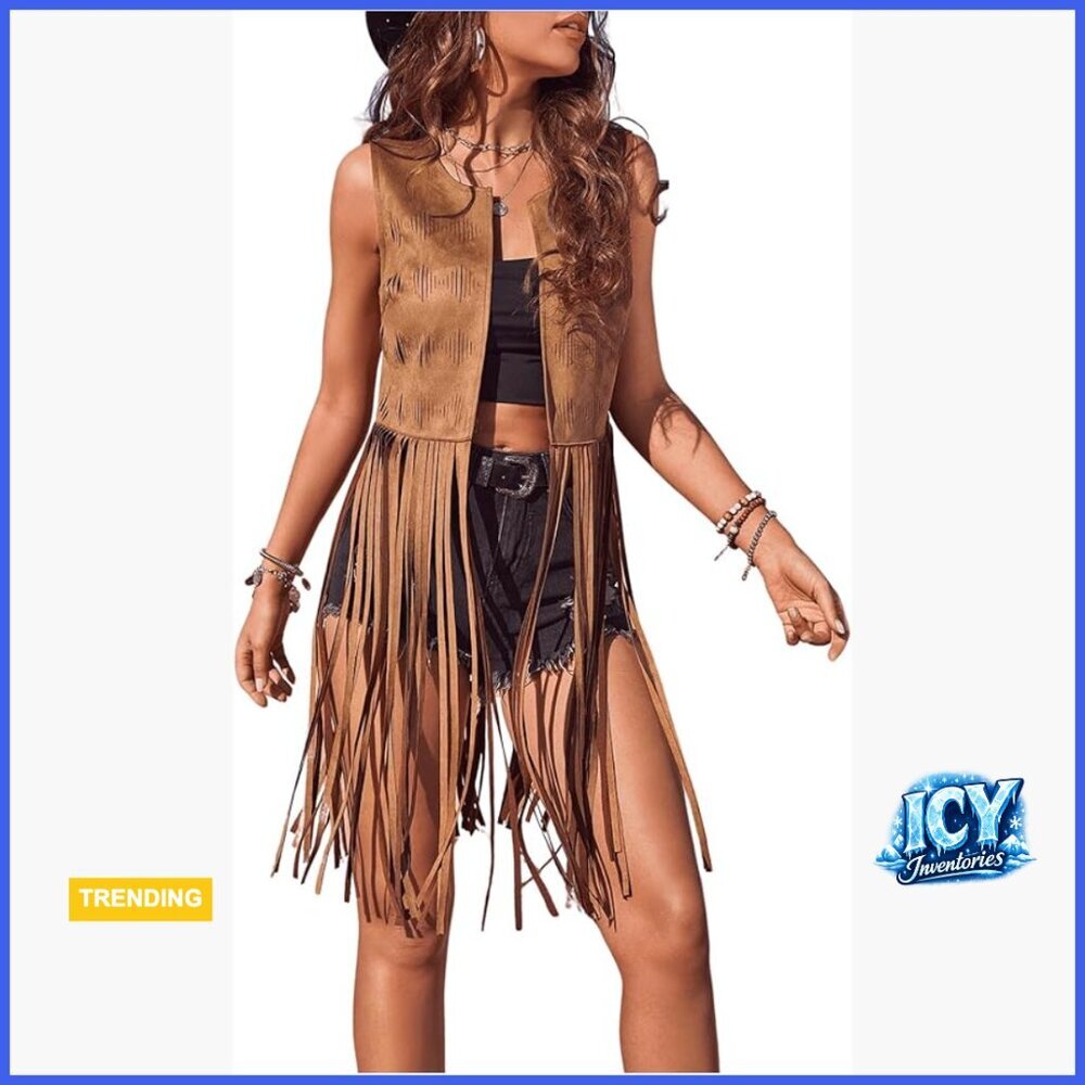 Faux Suede Fringe Vest Sleeveless Western Tassel Crop Top